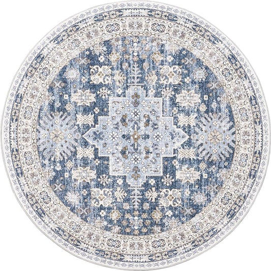 zesthome Washable Round Rug - 5ft Ultra-Thin Circle Area Rugs, Vintage Non-Slip Low Pile Rug for Living Room, Stain Resistant Rug for Bedroom, Entryway, Kitchen, Nursery