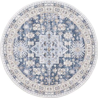 zesthome 9ft Round Rugs for Living Room, Non-Slip Washable Round Area Rugs, Ultra-Thin Large Circle Rugs, Soft Low Pile Rug for Bedroom, Kitchen - Vintage Stain Resistant Round Rug (Blue/Beige,9'x9')