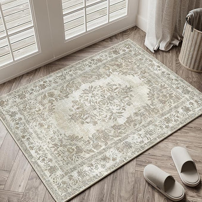 2x3 Area Rug Beige Washable Entryway Door Mat Indoor Vintage Medallion Floral Carpet Kitchen Bathroom Distressed Entrance Retro Small Non Slip Accent Throw Bedroom Office Dining Living Room