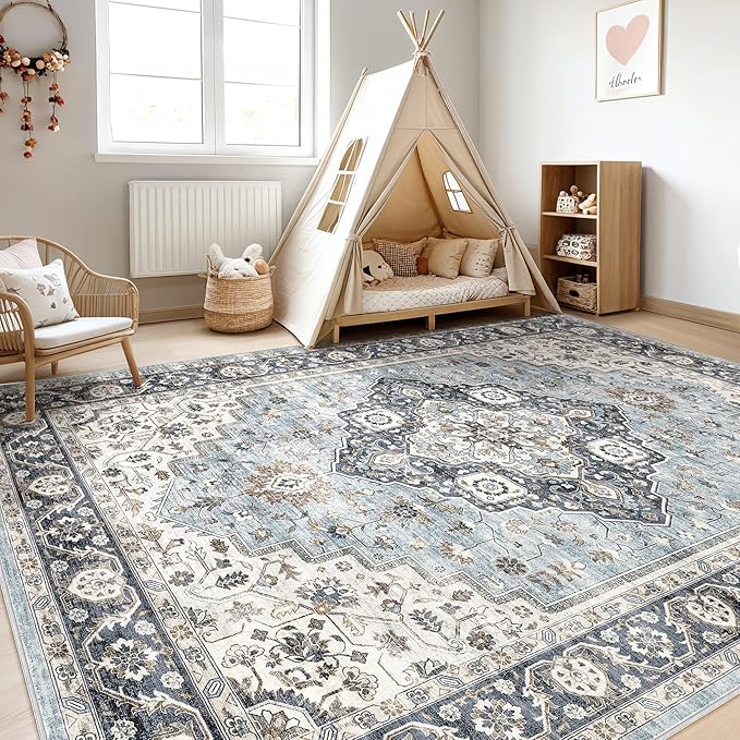 10x14 Area Rugs Living Room: Washable Boho Large Neutral Vintage Soft Rug Stain Resistant Farmhouse Non Slip Indoor Floor Carpet for Bedroom Nursery Kids Playroom Office Dining Room- Blue Tan