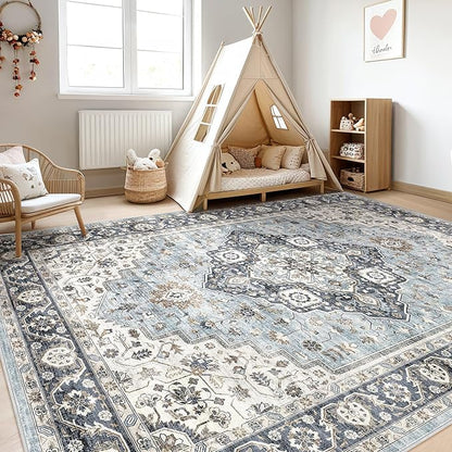 10x12 Area Rug Living Room: Washable Boho Large Neutral Vintage Soft Rugs Stain Resistant Farmhouse Non-Slip Indoor Floor Carpet for Bedroom Nursery Kids Playroom Office Dining Room- Tan Blue