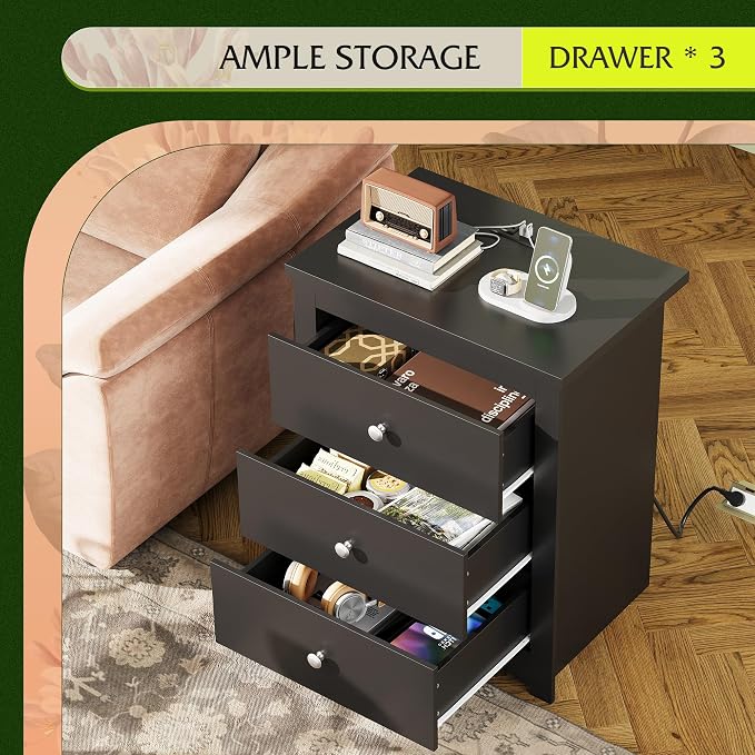 WLIVE Tall Nightstand with Charging Station, Wood Bedside Table, Power Outlets - Image 5