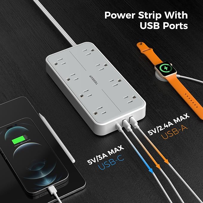 TESSAN Power Strip Surge Protector, 6FT Flat Plug Extension Cord | 8 Outlets 3 - Image 4