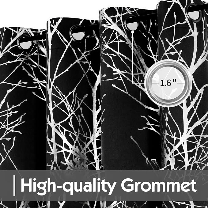 FMFUNCTEX 100% Blackout Black Silver Foil Tree Curtains 96 Inch 2 Panels | - Image 3