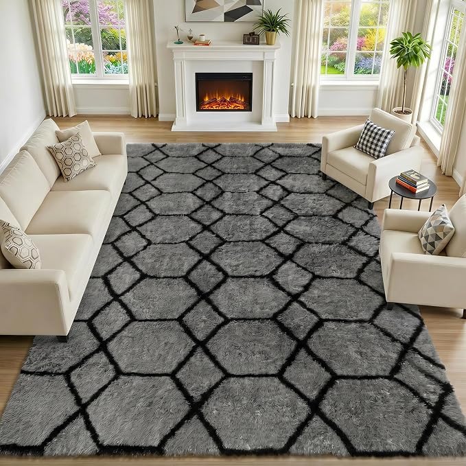 5x7 Area Rugs for Living Room Bedroom, Fluffy Grey and Black Throw Rug - Image 5