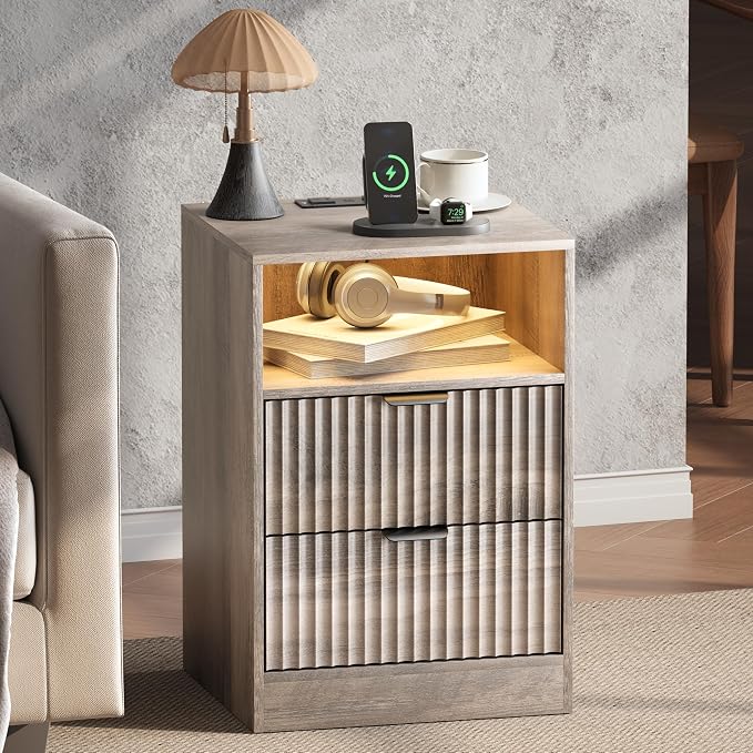 Fluted Nightstand Set of 2, LED Nightstand - Image 3