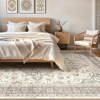 12x18 Rug Living Room: Washable Boho Large Neutral Vintage Soft Rugs Stain Resistant Farmhouse Non-Slip Indoor Floor Carpet for Bedroom Nursery Kids Playroom Office Dining Room- Beige Brown