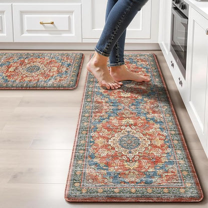 Boho Kitchen Mats for Floor 2 Piece Set Anti Fatigue Cushioned PVC Kitchen Rugs Non Slip Waterproof Farmhouse Mats 2/5 Inch Comfort Standing Mat for Sink, Laundry, 17.3"x47"+17.3"x28", Retro Red