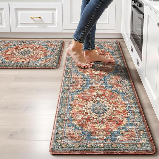 Boho Kitchen Mats for Floor 2 Piece Set Anti Fatigue Cushioned PVC Kitchen Rugs Non Slip Waterproof Farmhouse Mats 2/5 Inch Comfort Standing Mat for Sink, Laundry, 17.3"x47"+17.3"x28", Retro Red