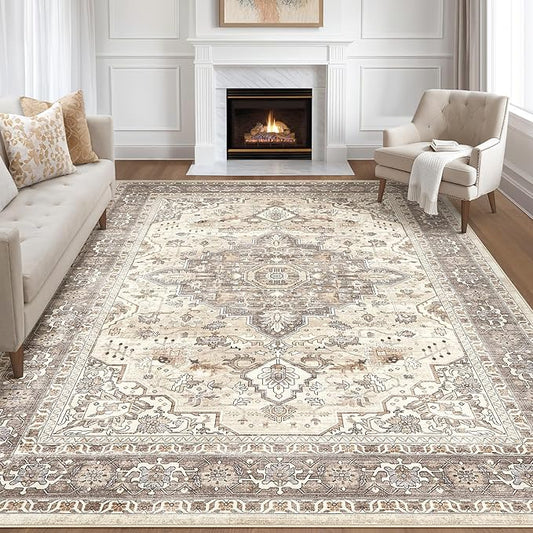 10x14Ft Area Rugs Living Room: Washable Boho Large Neutral Vintage Soft Rug Stain Resistant Farmhouse Non Slip Indoor Floor Carpet for Bedroom Nursery Kids Playroom Office Dining Room- Beige Brown