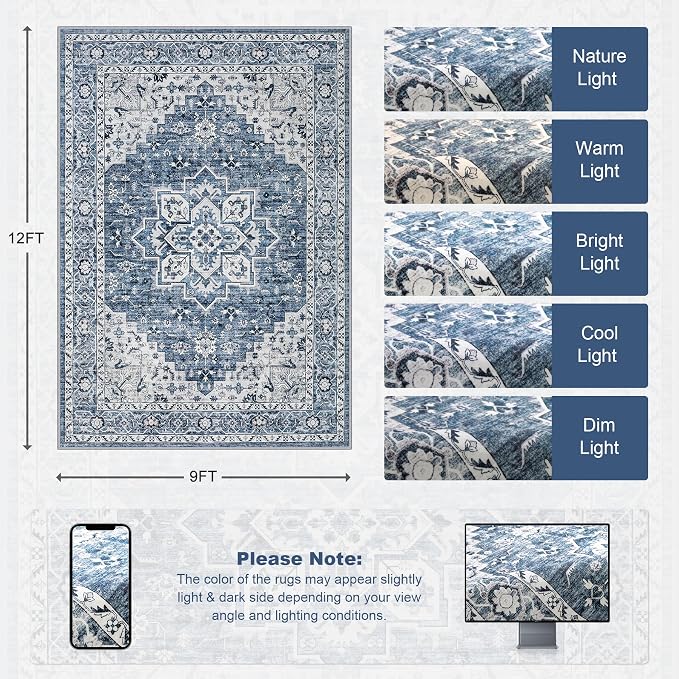 9x12 Area Rugs Living Room: Washable Vintage Rug - Image 2