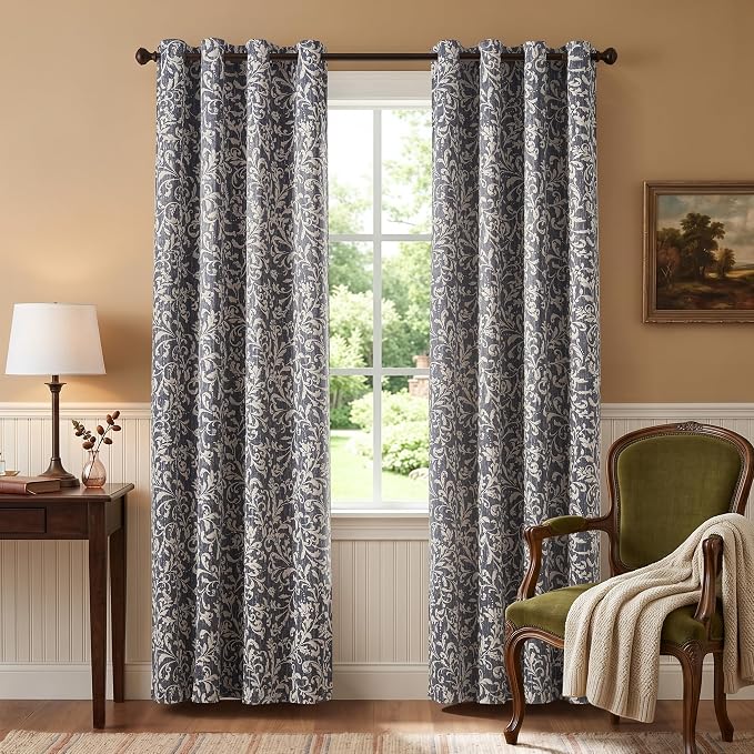 jinchan Blue Floral Blackout Curtians 84 Inch Vintage Grommet 2 Panels | Room - Image 2