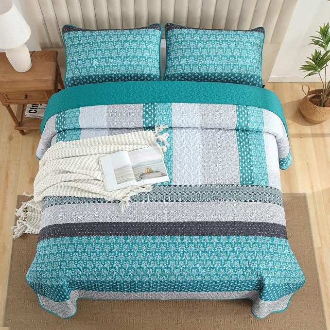 WONGS BEDDING Stripe Quilt Set, Breathable All-Season Coverlet - Image 3