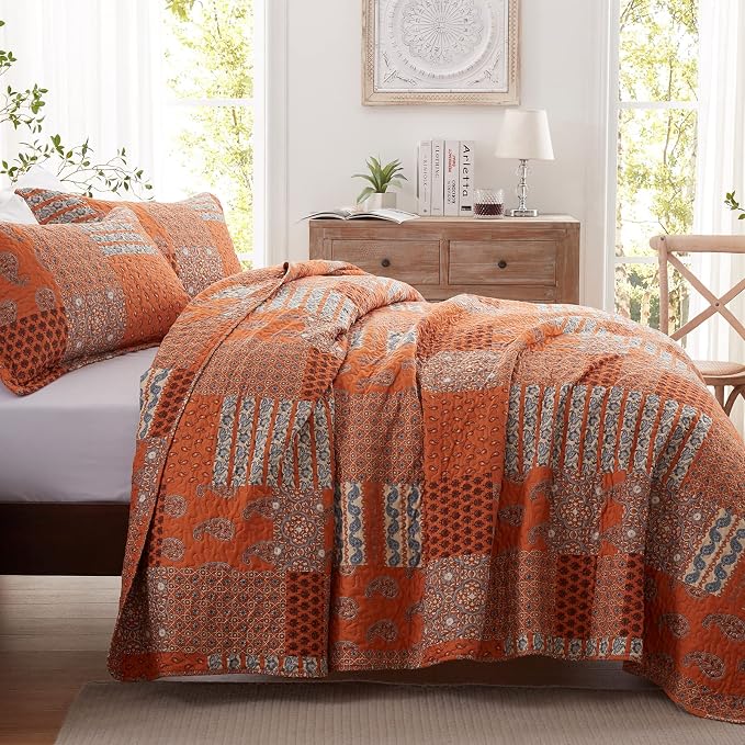 3 Pieces California King Size Quilt Set Burnt Orange Rust Oversized 120x120 - Image 4
