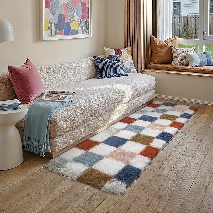 Checkered Runner Rug 2x6 for Bedroom Soft Fluffy Shag Carpet | Machine Washable - Image 4