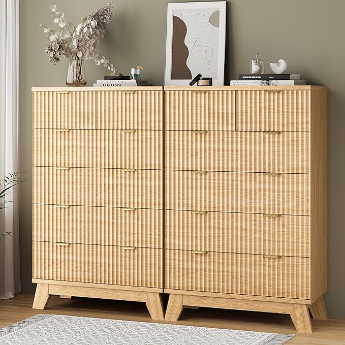 Fluted Dresser for Bedroom with 6 Drawers, 46" Tall Modern Chest of Drawers with Metal Handle, Wooden Dresser TV Stand, Wood Closet Clothes Storage Organizer for Living Room, Hallway, Natural Oak