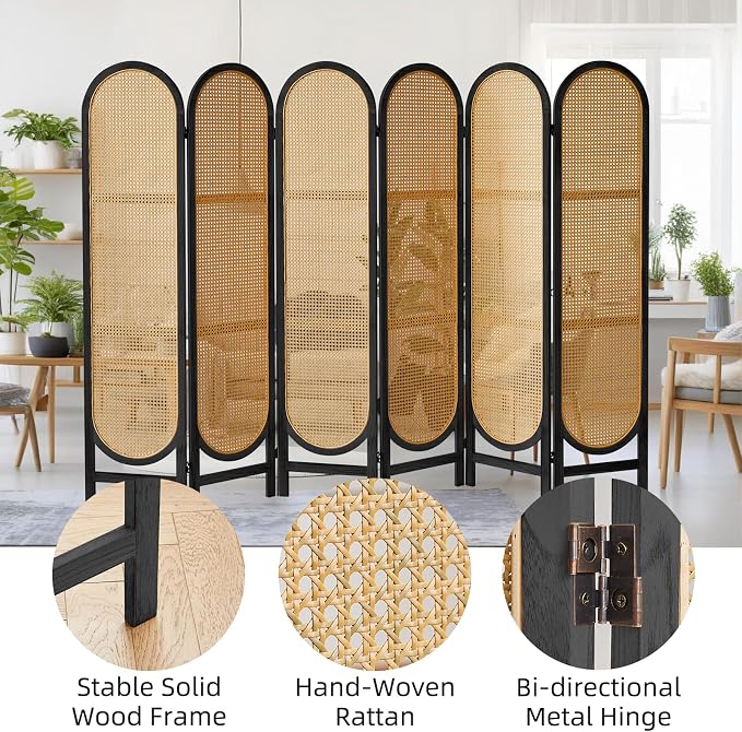 6 Panel Rattan Room Divider, Folding Room Divider Screen, Arched Room Separator - Image 4