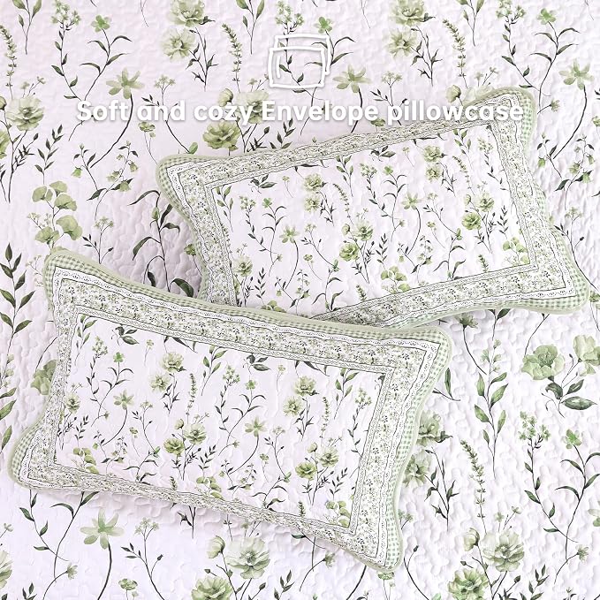 WONGS BEDDING Floral Quilts Set Queen, Sage Green Bedspread Coverlet Set | - Image 6