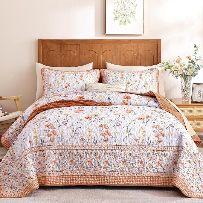 WONGS BEDDING Fall Quilt Set King, Microfiber Lightweight Farmhouse Bed Cover by WONGSBEDDING
