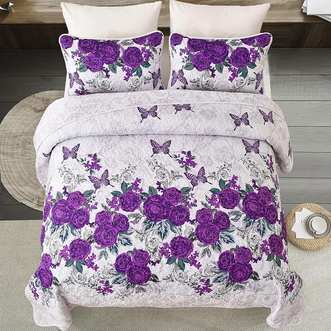 Yiran Purple Floral Quilt Set King Size, Rose Bedspreads Bedding Set | 3 Pieces - Image 3