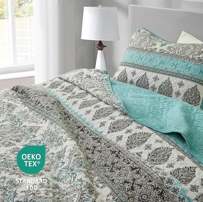 Chezmoi Collection Herald 2-Piece Printed Quilt Set, Aqua Blue Black White Boho - Image 4