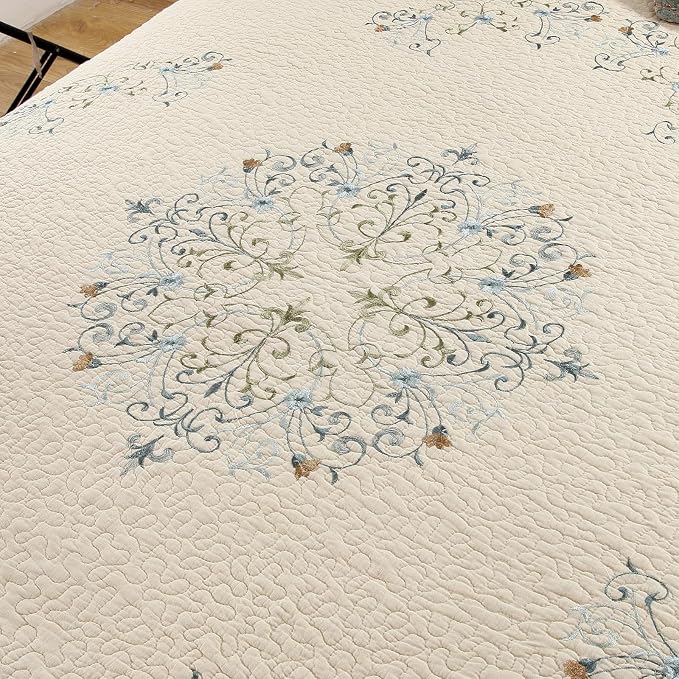 ROOMLIFE Quilt Set King Size 3D Floral Embroidery Pattern 3-Piece Cotton | - Image 4