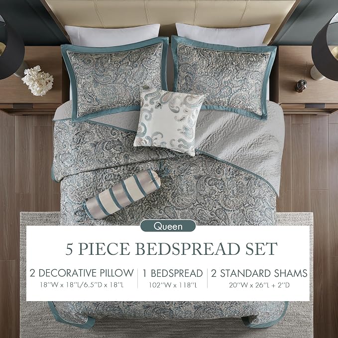 Madison Park Reversible Jacquard Quilted Queen Bedspread Set Teal, All-Season - Image 7