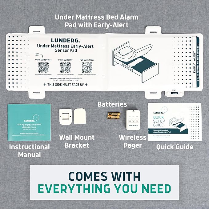 Lunderg Under Mattress Bed Alarm for Elderly Adults - Wireless Sensor Pad with Early Alert & Pager - Bed Alarms and Fall Prevention for Elderly and Dementia Patients - Reduces False Alarms