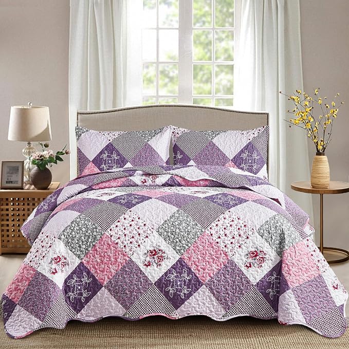 Dinjoy Purple Quilt Set Queen Size, Patchwork Boho Bedding Set, 3 Pieces | by DINJOY