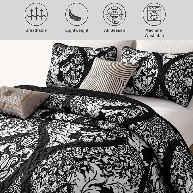 DJY Damask Quilt King Size, Boho Lightweight Bedding Set 3 Pcs, Soft - Image 4