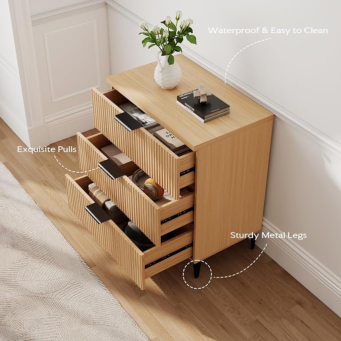 25.6" W Fluted Nightstand with 3 Drawer Dresser, Modern Wood Night Stands | - Image 6