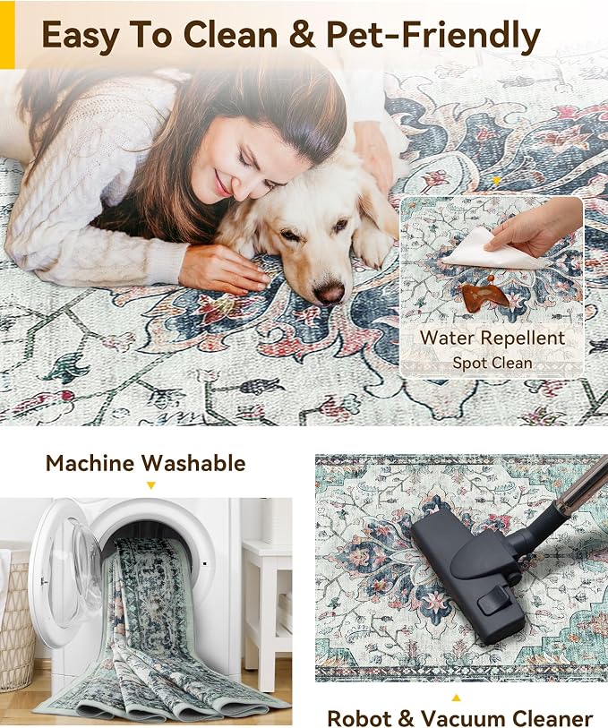 RELEANY Washable Area Rug, Teal Green/White/Navy | Non-Slip, Water Repellent - Image 5