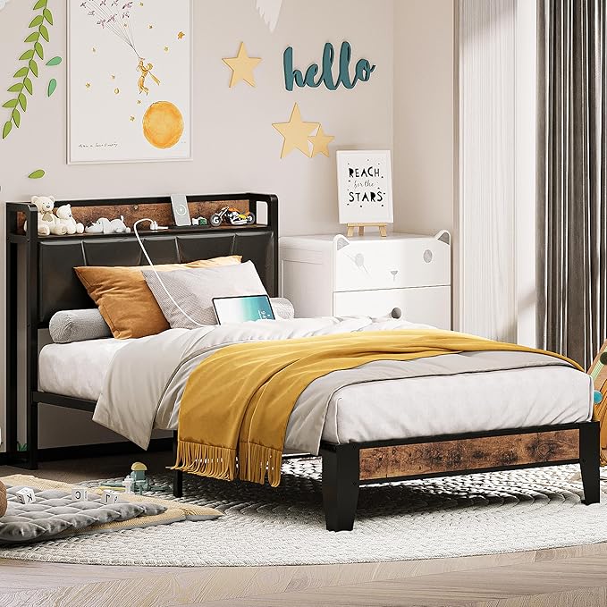 LIKIMIO Twin Bed Frame, Storage Headboard with Charging Station, Solid and Stable, Noise Free, No Box Spring Needed, Easy Assembly (Vintage and Black)