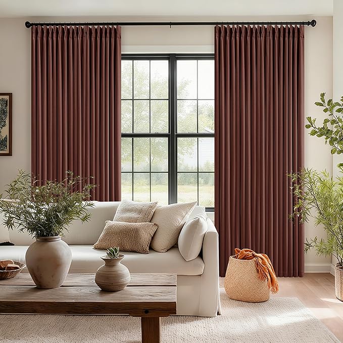 Chestnut Brown Pleated Linen Blackout Curtains 84 Inches Long for Bedroom Living Room Pinch Pleat Black Out Thermal Insulated Ring Hooks Back Tab Room Darkening Drapes Maroon Curtains with Liner