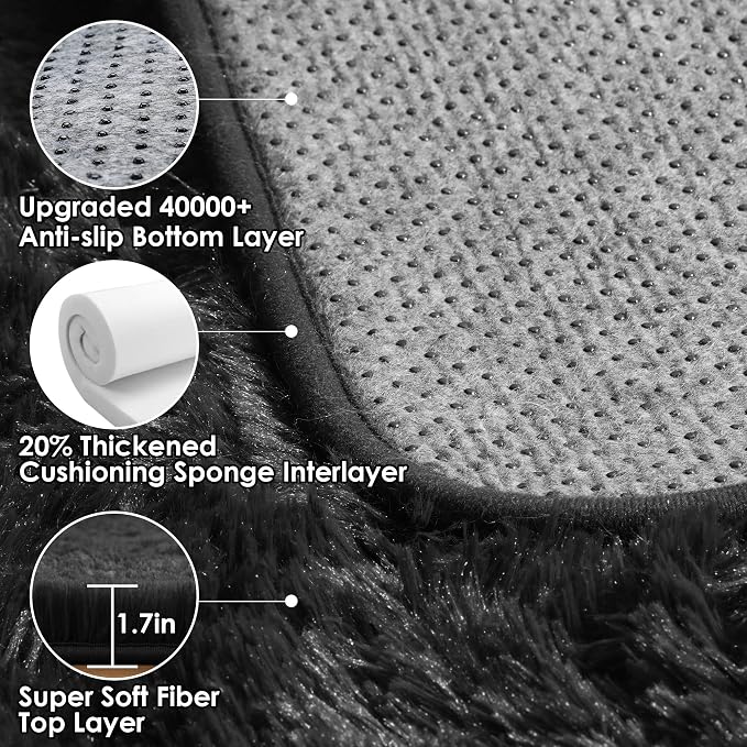 Black Runner Rugs for Bedroom Living Room, 2x6 Bedside Fluffy Area Rug - Image 4