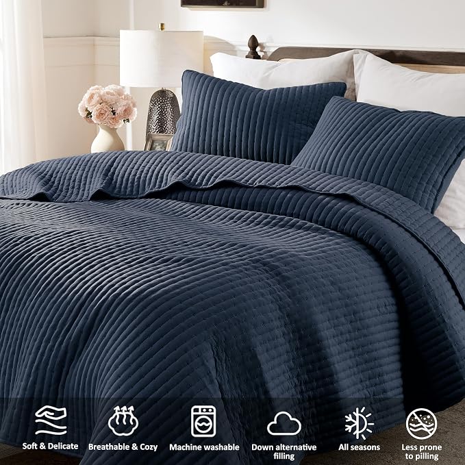 WDCOZY Navy Blue Cross Stitch Twin Size Quilt Set, Striped Lightweight Soft - Image 4