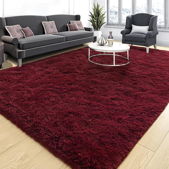 Fluffy Burgundy Rugs for Living Room, 5x8 Dark Red Area Rug for Bedroom by Tepook