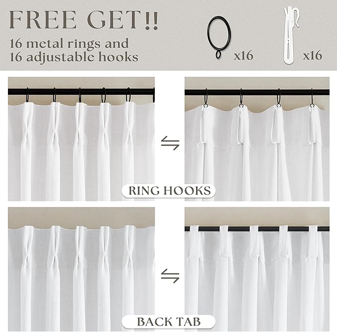 Pleated Linen White Curtains 96 Inches Long 2 Panels Set for Living Room Bedroom Neutral Farmhouse Cotton Linen Blend Back Tab Memory Shape Pinch Pleat Ceiling to Floor Window Curtain Snow White 8 Ft