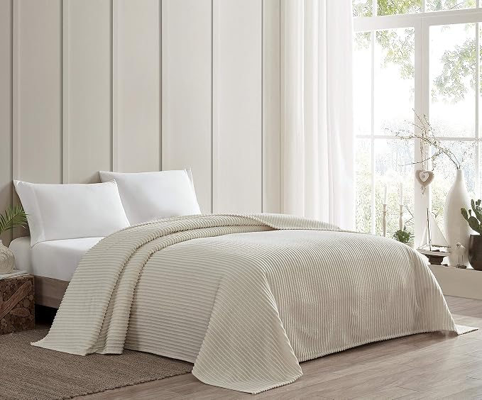 Beatrice Home Fashions Queen Channel Chenille Bedspread, Ivory | Soft, - Image 2