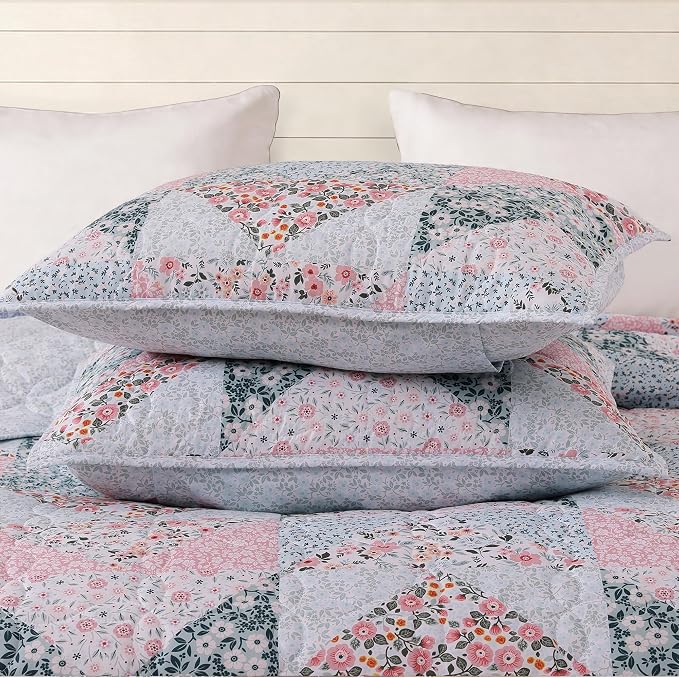 King Quilt Set-3 Pieces Soft Bedding Lightweight Floral Patchwork Coverlet | - Image 5