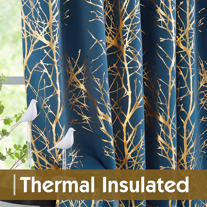 FMFUNCTEX 100% Blackout Navy Gold Foil Tree Curtains 96 Inch Long 2 Panels | - Image 5