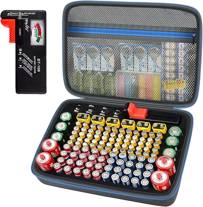 ALKOO Battery Organizer Storage Holder Case Box with Tester Checker BT-168. Holds 136+ Batteries AA AAA C D Cell 9V 3V Lithium (Blue)