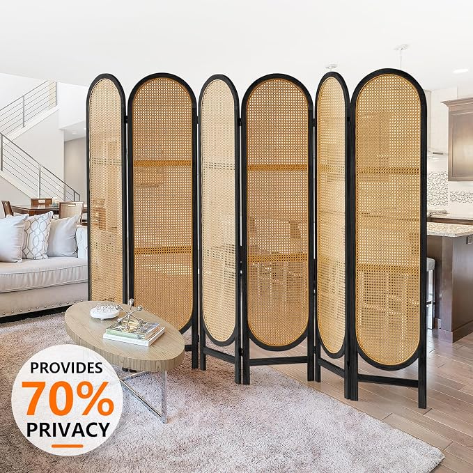 6 Panel Rattan Room Divider, Folding Room Divider Screen, Arched Room Separator - Image 2