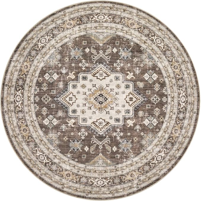 cotiled 5ft Round Living Room Area Rug, Traditional, Dark Brown | Soft - Image 10