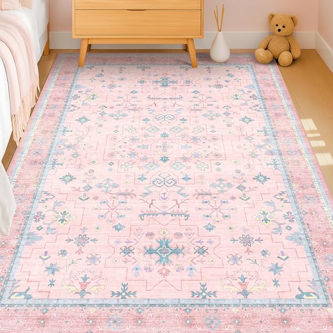 Pink and Blue Washable 5x8 Living Room Rugs, Boho Aethestic Oushak Vintage Area - Image 8