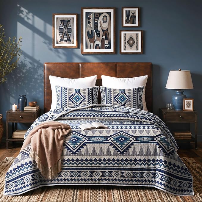 akkialla Reversible Blue Boho Twin Quilt Set, 2-Piece Bohemian Aztec Microfiber by akkialla