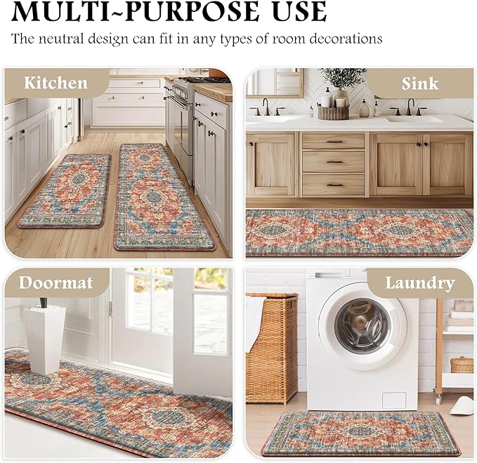 Boho Kitchen Mats for Floor 2 Piece Set Anti Fatigue Cushioned PVC Kitchen Rugs Non Slip Waterproof Farmhouse Mats 2/5 Inch Comfort Standing Mat for Sink, Laundry, 17.3"x47"+17.3"x28", Retro Red