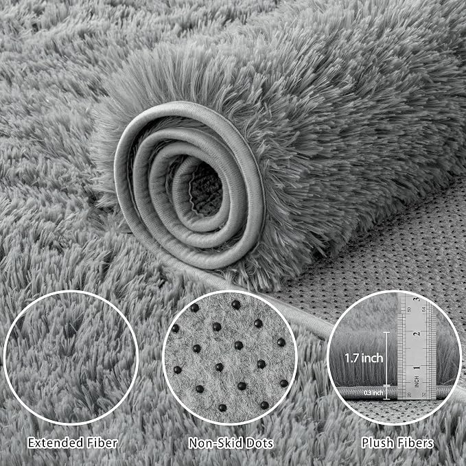 5x8 Area Rug for Living Room, Light Gray Fluffy Shag Non-Slip Bedroom Rugs | - Image 8