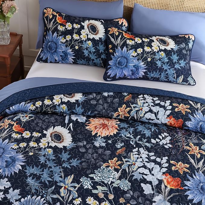 Yiran Navy Blue Sunflower Floral Quilt Set King Size | Botanical Bedspread - Image 3