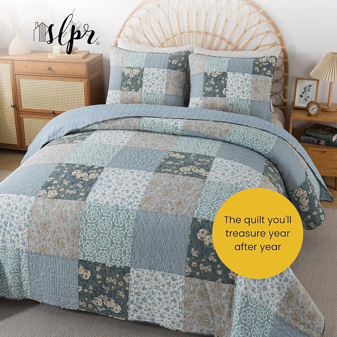 SLPR - Wildflowers Blue Floral Patchwork Cotton Quilt Set, Twin - Image 7